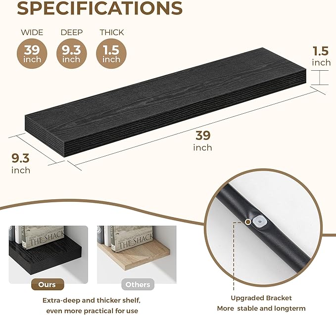 Dreamland 40 Inches Floating Shelves for Wall, 9.3" Deep Long Floating Shelves Set of 2, Large Display & Storage Shelf, Wall Shelf for Bathroom Bedroom Living Room Kitchen Office, Black-Ruum Studio Home