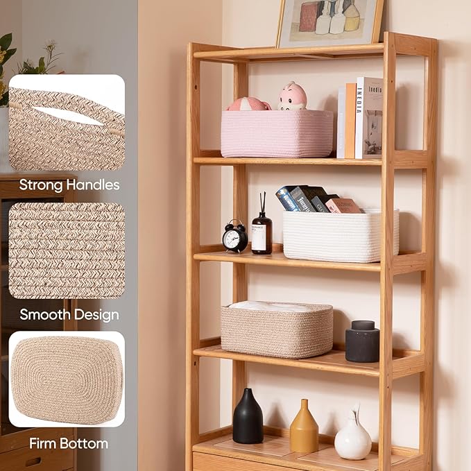 OIAHOMY 4 Pack 14.17*11.02*6.3IN Storage Baskets for Organizing Shelves, Woven Rope Baskets for Organizing Books, Clothes, Decorative Basket for Living Room, Nursery, Bedroom, Gift Basket, Brown-Ruum Studio Home