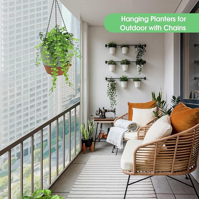 Hanging Planters for Indoor Outdoor Plants, 2 Pack Self Watering Hanging Pot with Drainage Holes, Removable Tray & 2 Kinds of Plant Hangers, 10'' Hanging Flower Pots for Home Garden Decor, Green-Ruum Studio Home