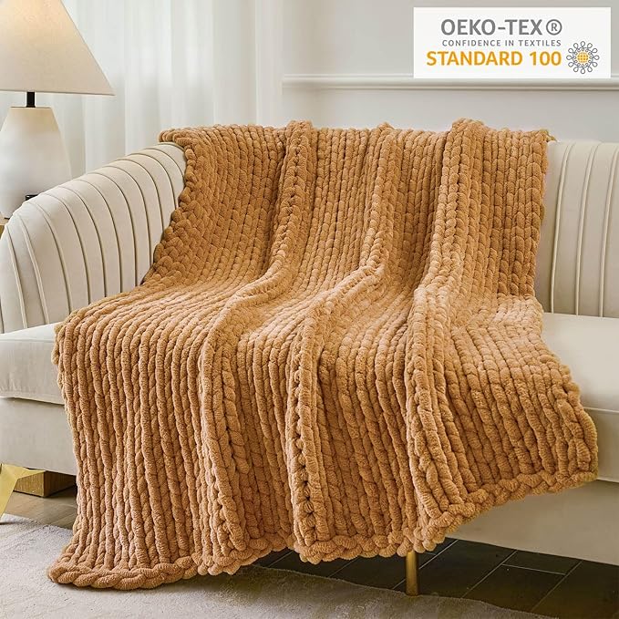 Esterra Chunky Knit Throw Blanket Newly Upgraded Heavy Tighter Version, Handmade Chenille Throw Super Soft, Thick Yarn Cable Knit Crochet Throw Blanket for Couch Bed Sofa (50"x60" Mustard Yellow)-Ruum Studio Home
