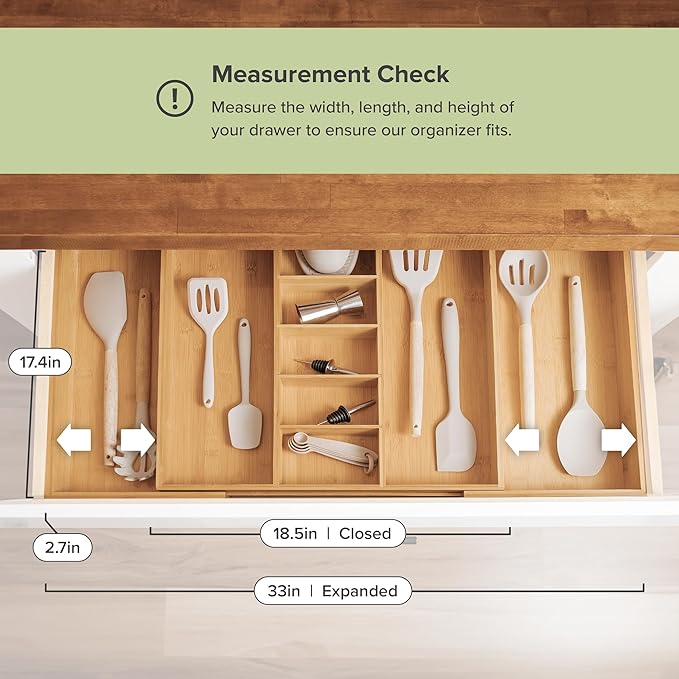 Adjustable Kitchen Drawer Organizer for Utensils and Junk, Food-Safe Contract Grade with 100% Sustainable Wood, Expandable from 19 to 33 Inches Wide - Natural Bamboo-Ruum Studio Home