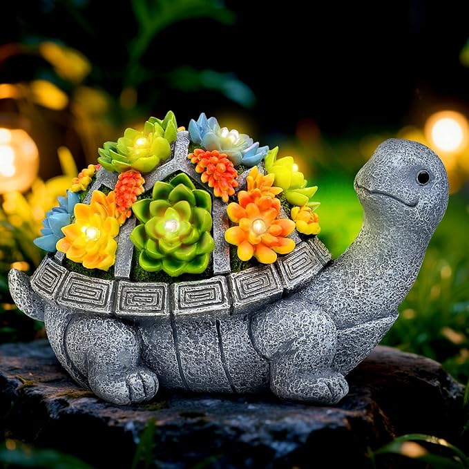 Solar Turtle Statue Garden Decor for Outside with Succulents and 7 LED Lights – 10.3 Inch Cute Lawn Ornaments for Patio, Porch, Balcony & Yard – Unique Birthday Gifts for Women Mom Grandma Wife-Ruum Studio Home