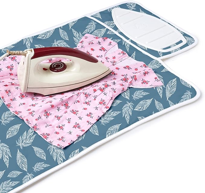 Encasa XO Ironing Mat/Pad (Small 28"x20") with 3mm Padding & Silicone Iron Rest for Steam Pressing on Tabletop or Bed - Heat Resistant, Portable, Quilting & Travel Blanket - Big Leaves Blue-Ruum Studio Home