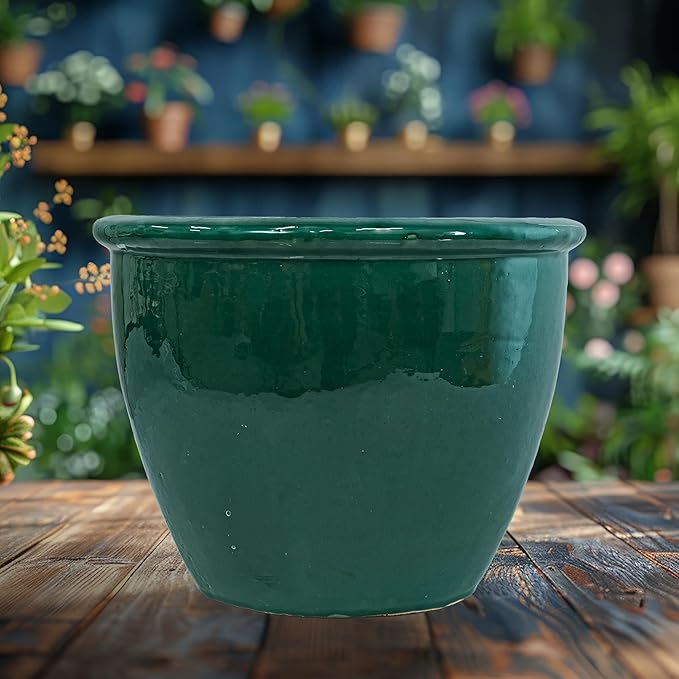 Sunnydaze Chalet Large Ceramic Plant Pot - Round Outdoor Glazed Ceramic Planter Pot with Drainage - Dark Green - 14.5"-Ruum Studio Home