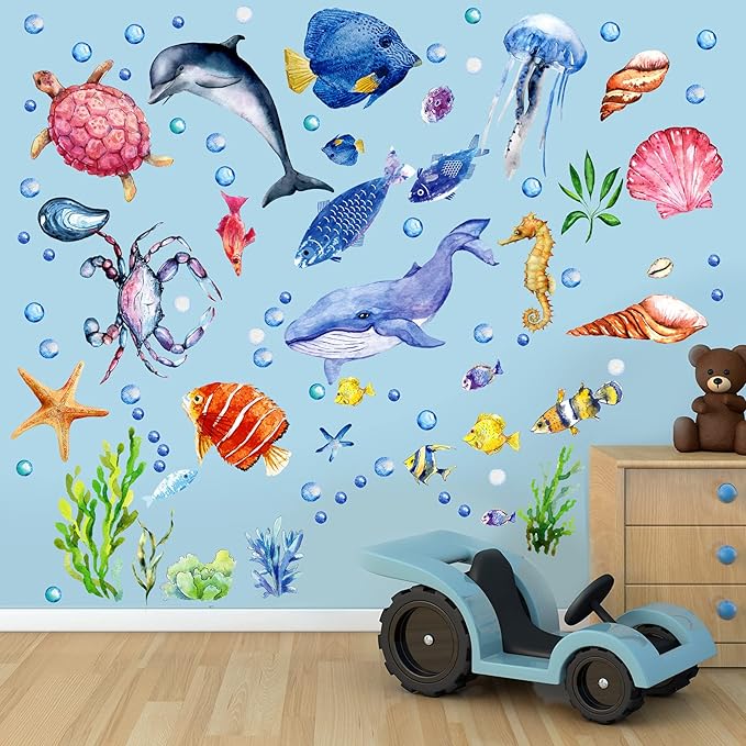 52 Pcs Ocean Fish Wall Decals Glow in The Dark Under The Sea Wall Decals Sea Animals Stickers Removable Waterproof Peel and Stick for Kids Bathroom Watercolor Ocean Decor(Cute Style)-Ruum Studio Home