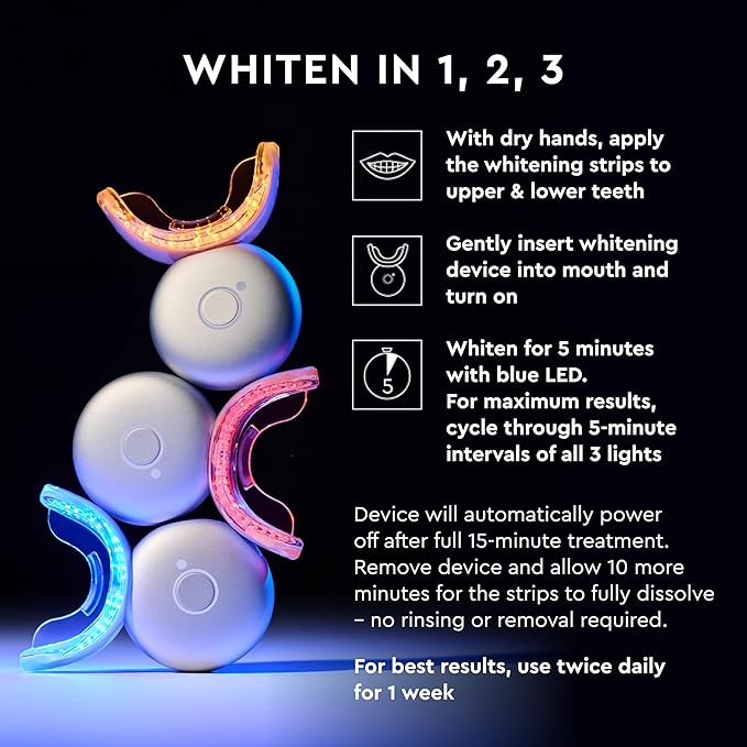 MOON LED Teeth Whitening Kit - Platinum Teeth Whitener Device + 28 Dissolving White Strips - Yellow, Blue, + Red Light Therapy Whitening Tray for Gum Health and Fresh Breath (4 Piece Kit)-Ruum Studio Home