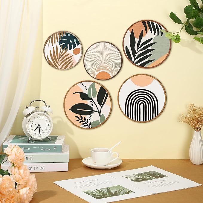 Qunclay 5 Pcs Wall Art Decor Wooden Living Room Wall Decor Bohemian Hanging Farmhouse Geometric 10'' and 8'' Aesthetic Wood Minimalist Posters for Bedroom(Boho, Leaf)-Ruum Studio Home