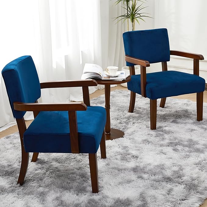 Accent Chair Set of 2 with Table, Living Room Chairs with Velvet Soft Seat & Armrests for Living Room Bedroom Reading Room Waiting Room (Velvet Navy)-Ruum Studio Home