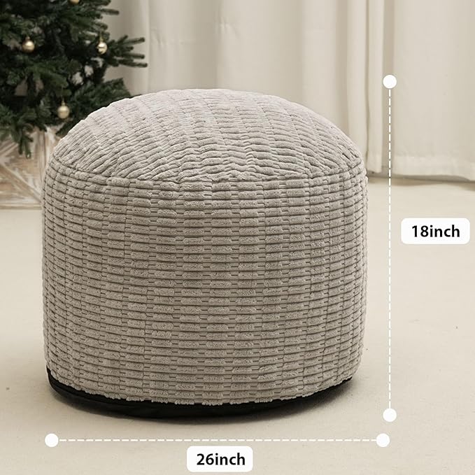 Round Stuffed Pouf Ottoman for Foot Rest, Storage Ottoman Pouf Foot Stool Cushion, Faux Fur Poufs with Foam Chunk Filling, 26 X 18 Inch Floor Chair for Living Room Bedroom Home Decor, Light Gray-Ruum Studio Home