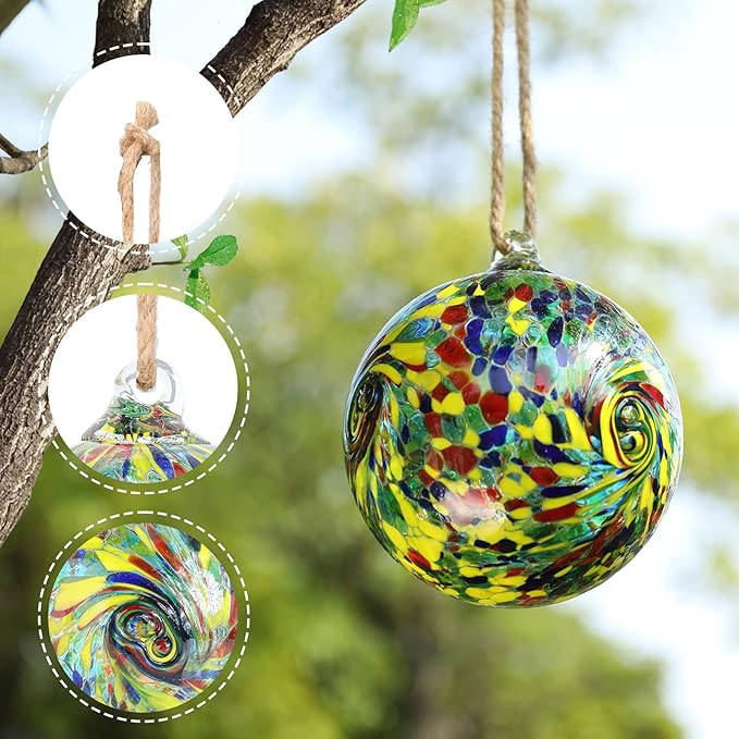 VCUTEKA Hanging Friendship Balls, Glass Ball Hand Made Witch Ball for Window Outdoor Garden Patio Décor, 6" Colorful Swirl-Ruum Studio Home