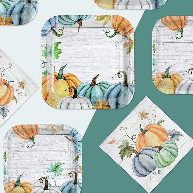 Grencian 200Pcs Fall Plates and Napkins Square Blue Pumpkins Plate Thanksgiving Paper Plates Pumpkin Wood Grain Dinnerware for Baby Shower Fall Harvest Family Thanksgiving Party Decorations, Serves 50-Ruum Studio Home
