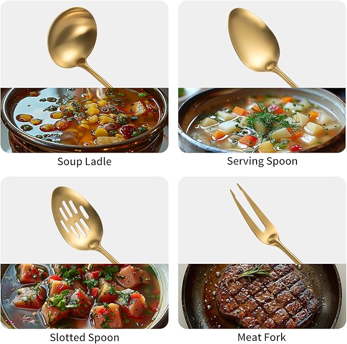 304 Stainlss Steel Matte Kitchen Utensils Set, 11 Pcs Long Metal Cooking Utensil Gadgets Tools Set with Spatula, Spoon, Ladle, Skimmer, Tunner, Pasta Server, Tongs(Gold, Dishwasher Safe)-Ruum Studio Home