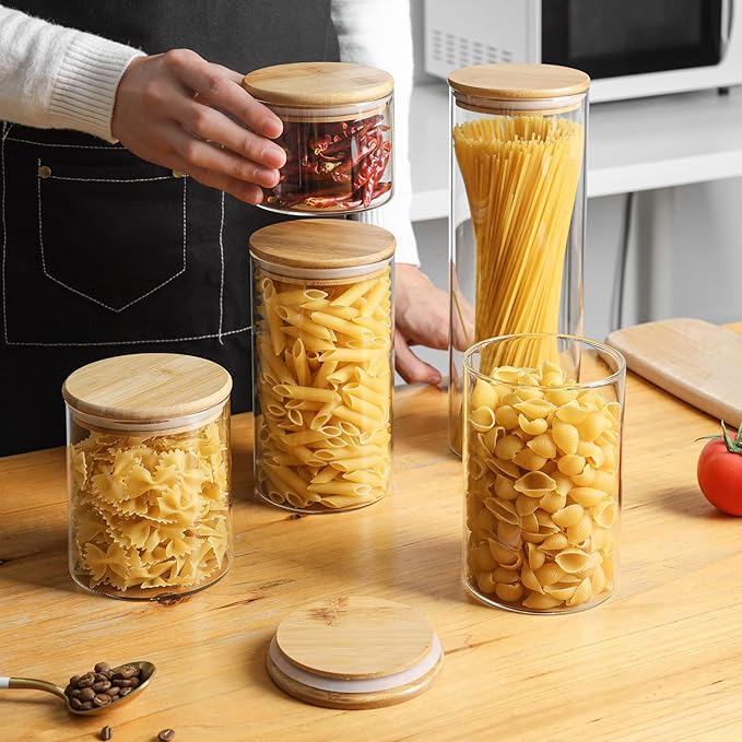 ComSaf Glass Spaghetti Pasta Storage Container with Lids 2 Qt Set of 3, Tall Clear Airtight Food Storage Jar with Wood Cover Kitchen Pantry Storage Container for Noodles Flour Cereal Coffee Beans-Ruum Studio Home