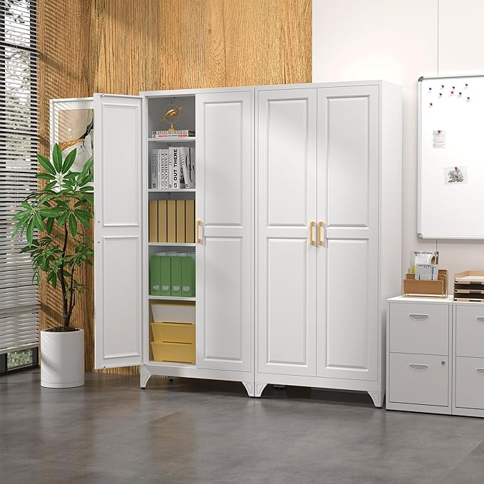 Kitchen Pantry Cabinet,75”White Metal Storage Cabinets with Doors and 4 Adjustable Shelves,Kitchen Cabinet with 2 Gold Handles,Tall Cabinet for Livingroom,Pantry, Bathroom-Ruum Studio Home