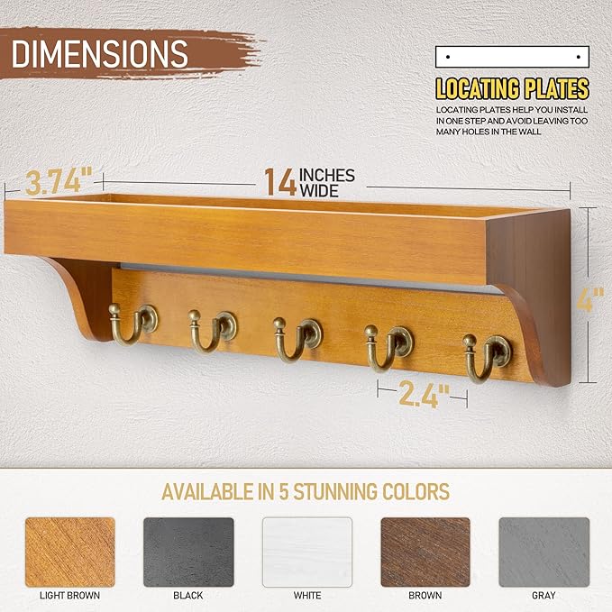 Rebee Vision Decorative Key Holder for Wall with Shelf: Farmhouse Mail Rack with 5 Sturdy Key Hooks for Home Decor, Apartment, Entryway and Hallway (Light Brown)-Ruum Studio Home