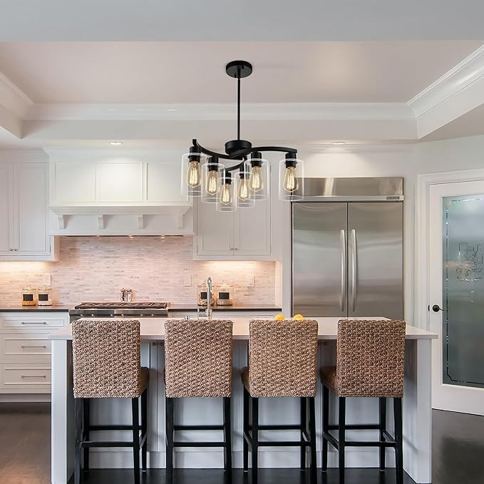 6-Light Modern Farmhouse Black Chandelier, Contemporary Dining Room Light Fixture, Adjustable Height Hanging Industrial Pendant Lights Kitchen Island, Clear Glass Shade-Ruum Studio Home