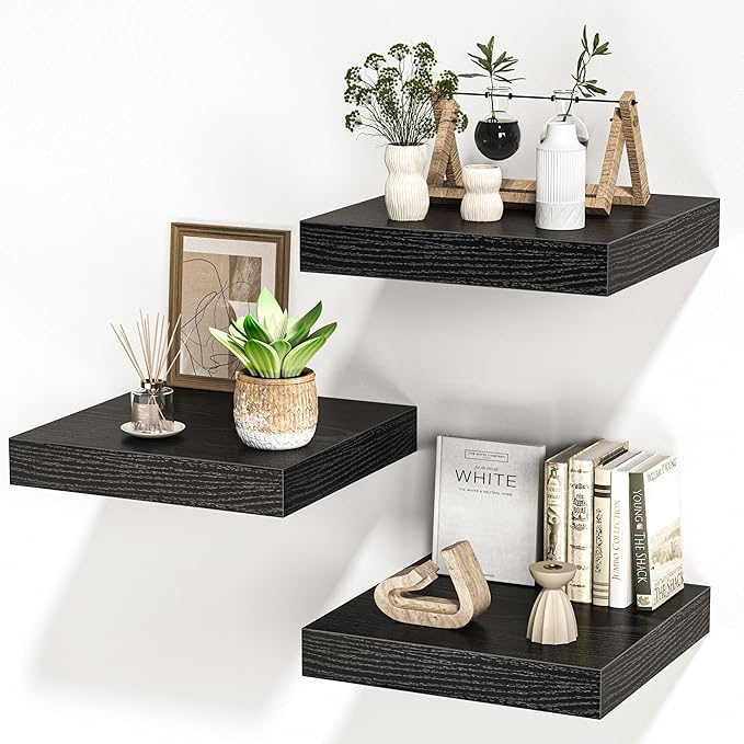 Square Floating Shelves for Wall, 12" W x 12" D x 1.2" H, Small Wooden Wall Mounted Display Shelves with Invisible Brackets for Living Room, Bedroom, Bathroom, Kitchen Decor, Set of 3, Black-Ruum Studio Home