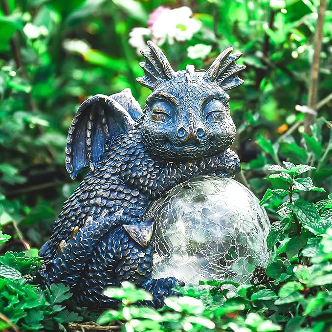 WONDER GARDEN Dragon Statue - Sleeping Dragon Figurines Solar Light Resin Garden Statues with Crackled Glass Globe Outdoor Waterproof Lawn Ornament Decor-Ruum Studio Home