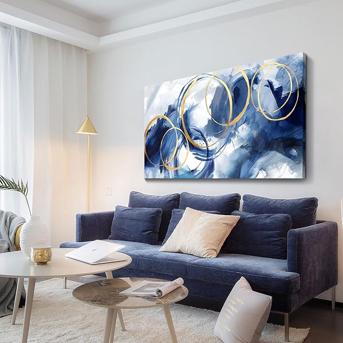 AJAZIKO Abstract Wall Art Blue Modern Art Wall Decor Artwork For Walls Living Room Huge Wall Canvas Office Pictures For Wall Navy Gold Contempor Decorations For Bedroom Size 24x48in-Ruum Studio Home