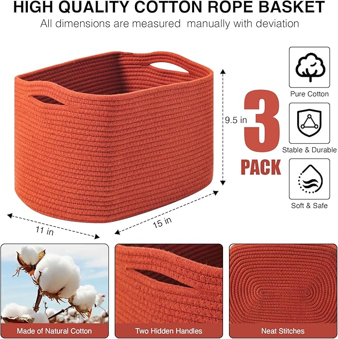 Storage Baskets for Organizing, Storage Basket for Shelves, Toy Towel Basket for Bathroom Nursery, Woven Cotton Rope Baskets for Decor, 15"x11"x9.5", 3 Packs, Brick Red-Ruum Studio Home