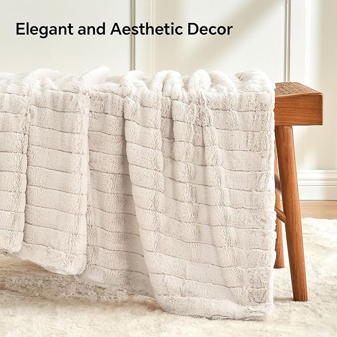 BEDELITE Faux Fur Throw Blanket for Couch, Soft and Cozy 3D Ribbed Fluffy Blanket, Thick Warm Plush Fuzzy Faux Rabbit Fur Blanket for Women Gift (Beige, 50"x 60")-Ruum Studio Home