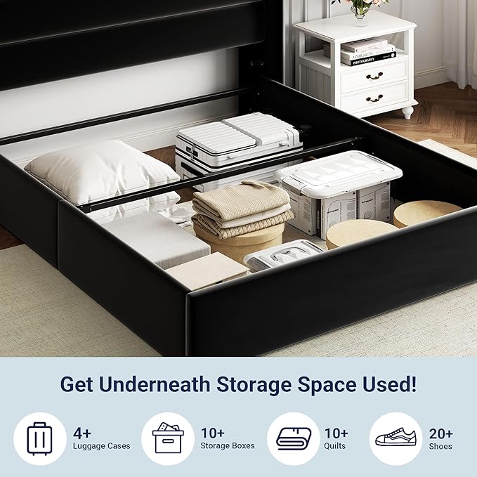 Allewie Queen Size Velvet Lift Up Storage Bed, Modern Wingback Headboard, Hydraulic Support, No Box Spring Needed, Black-Ruum Studio Home