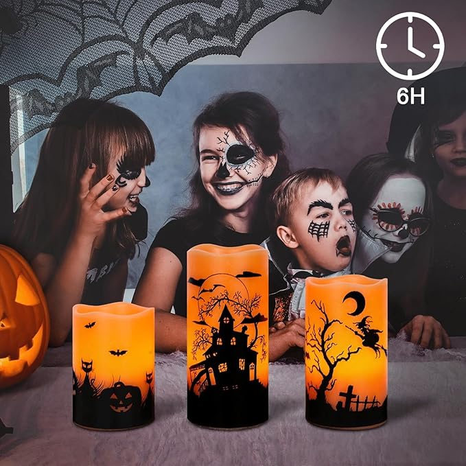 Wondise Halloween Rechargable Flickering Flameless Candles with 6H Timer, Battery Operated LED Real Wax Candles with Charging Base Set of 3 Halloween Home Decoration Gifts(3 x 4 5 6 Inch)-Ruum Studio Home
