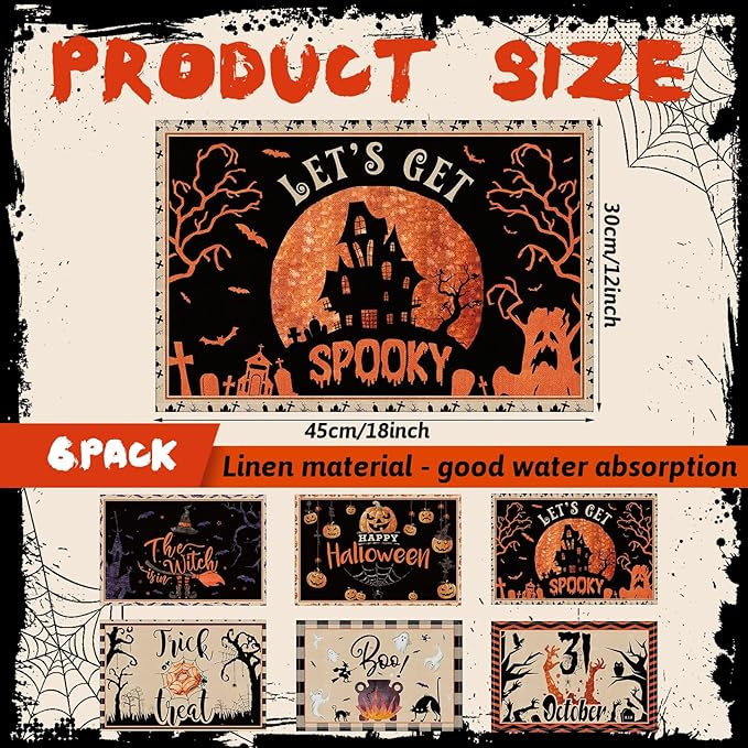 Umigy 6 Pcs Halloween Placemats 12"x18" Gothic Bat Placemats Kitchen Decoration Washable Witch Place Mats Rectangle Skull Table Mats for Halloween Dining Table Accessories(Classic)-Ruum Studio Home