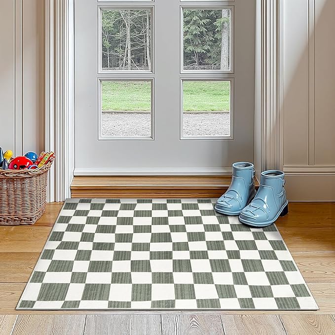 jinchan 2x3 Kids Area Rug Washable Indoor Entryway Doormat Modern Checkered Geometric Lattice Small Rug Non Slip Soft Carpet for Nursery Room Bedroom Bathroom Home Grey-Ruum Studio Home