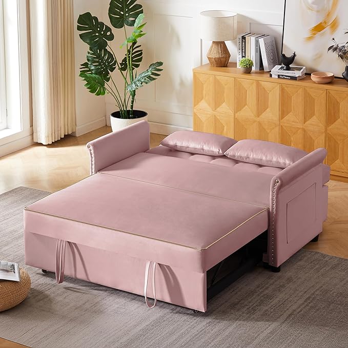 57" Velvet Pull-Out Sofa Bed, 3-in-1 Convertible Loveseat with Gold Trim Strips and Adjustable Backrest, Perfect for Living Rooms, Offices and Apartments (Pink)-Ruum Studio Home