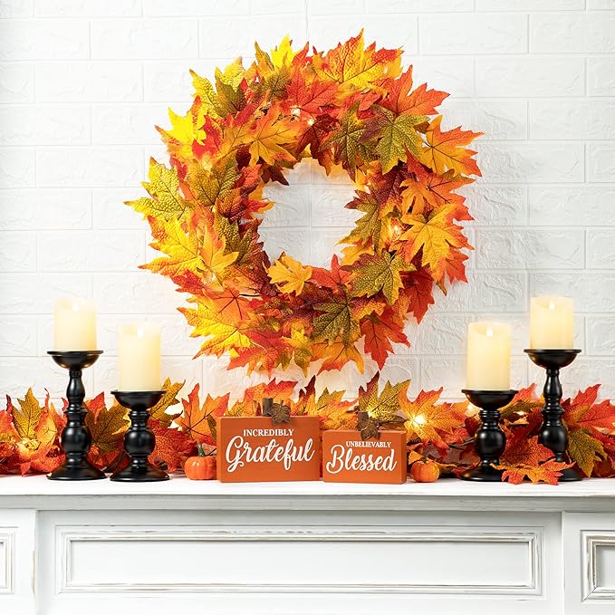 Glitzhome 24 Inch Pre-lit Fall Wreath, Autumn Wreath for Front Door, Lighted Maple Leaves Wreaths with Timer for Thanksgiving Halloween Christmas Wall Front Porch Home Decoration-Ruum Studio Home