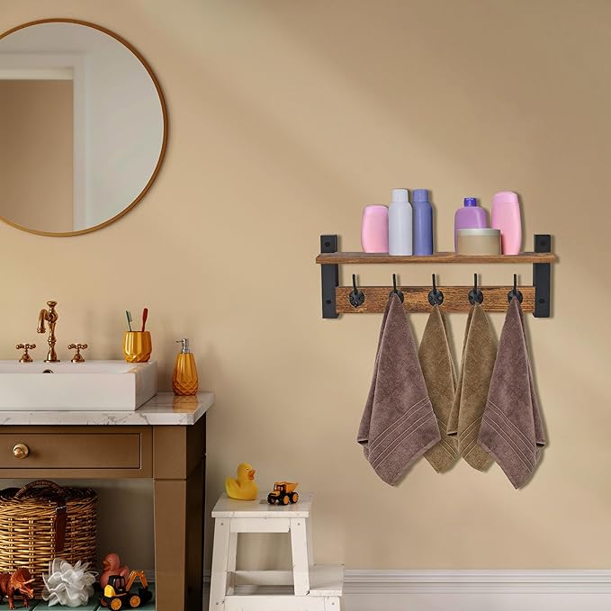 Sorbus Coat Hooks Wall Mount with Shelf – 24 Inch Coat Rack Wall Mount with 5 Heavy Duty Hooks – Floating Wall Shelf with Hooks for Entryway, Bathroom, Bedroom, Kitchen, or Mudroom (Rustic Brown)-Ruum Studio Home
