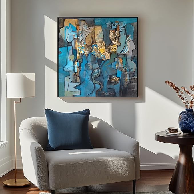 Framed Blue Modern Abstract Wall Art, Large Canvas Paintings Artwork for Walls, Minimalist Art Prints Pictures for Living Room, Hallway, Bedroom, Office, Bathroom Wall Decor -24x24 Inch-Ruum Studio Home