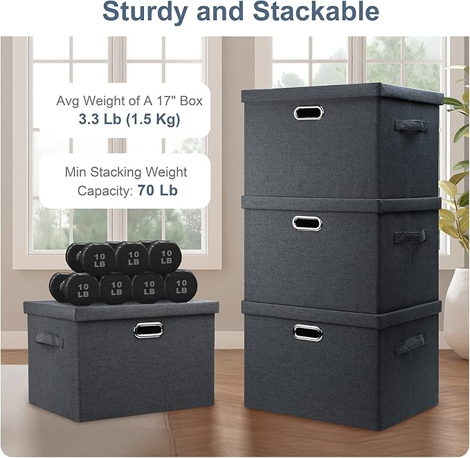 Large 17" 36 Quart Collapsible Stackable Storage Bins with Lids, 3 Packs Dark Gray Foldable Fabric Closet Storage Boxes with Lids, Heavy-duty Linen Cube Baskets(17x12x11)-Ruum Studio Home