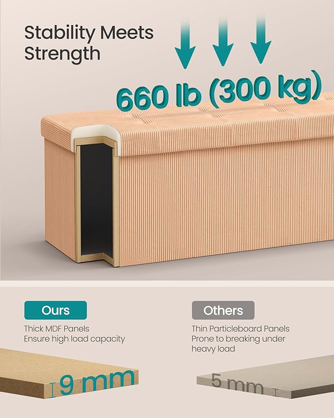 SONGMICS MAZIE Collection - Storage Ottoman Bench, Foldable Foot Rest, 15 x 43 x 15 Inches, End of Bed Bench, Storage Chest, Load 660 lb, Living Room, Bedroom, Entryway, Apricot ULSF604O01-Ruum Studio Home