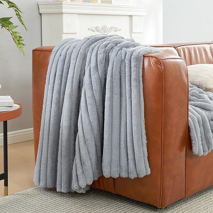 Amélie Home Faux Fur Throw Blanket for Couch, Cozy Fuzzy Fluffy Fur Luxurious Soft Striped Plush Gift Blankets for Family Sofa Chair Bed Living Room Bedroom, 55"x70", Light Grey-Ruum Studio Home