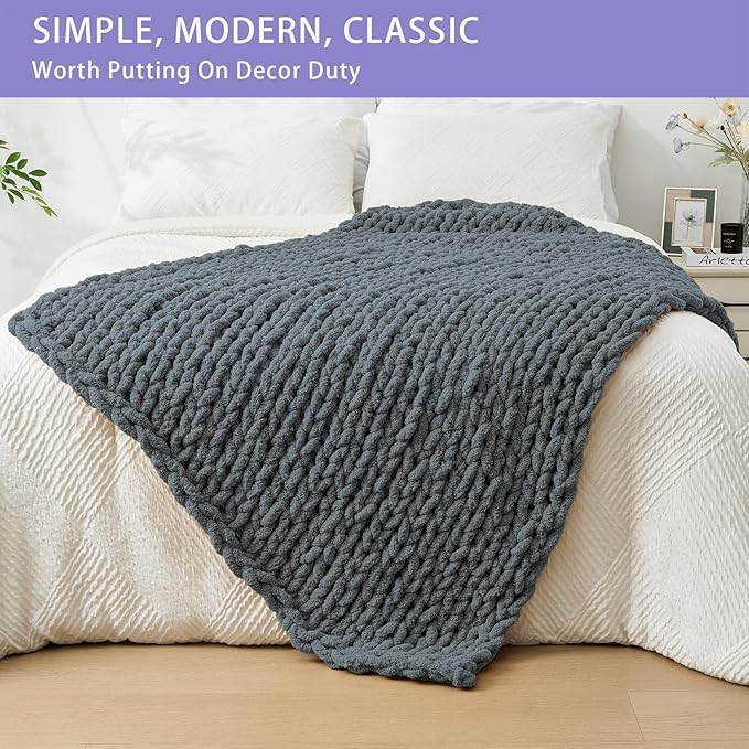 Bigacogo Chunky Knit Throw Blanket for Couch, 40x60 inches, 100% Hand Knitted with Thick Jumbo Chenille Yarn, Cozy Soft Large Rope Knot Cable Crochet Blankets for Sofa Bed Living Room, Iron Gray-Ruum Studio Home