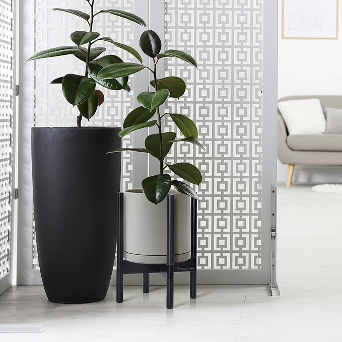 D'vine Dev Ceramic Planter with Ebony Stand - 10 Inch Modern Round Flower Pot with Wood Planter Holder, Grey, 55-B-L-3-Ruum Studio Home