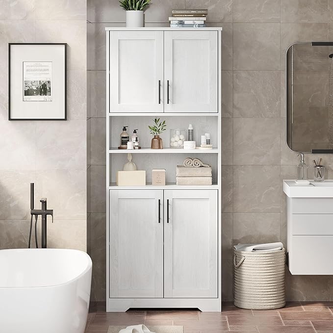 GarveeHome 67" Tall Storage Cabinet, Tall Bathroom Cabinet with 4 Doors and Adjustable Shelves, Freestanding Kitchen Pantry Cabinets, Cupboard for Living Room, Dining Room, Antique White-Ruum Studio Home