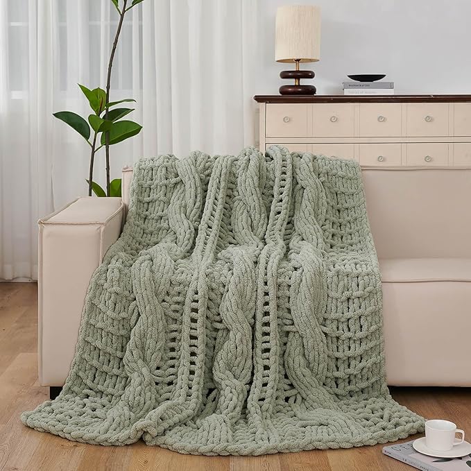Esterra Chunky Knit Blanket Throw 50"x60", 100% Hand Knitted Chenille Throw Blanket, Cozy Soft Thick Cable Knit Throw Large Rope Knot Crochet Throw Blanket for Sofa Couch Bed, Sage Green-Ruum Studio Home