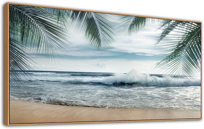 Framed Tropical Beach Wall Art - Ocean Waves Canvas Pictures Coastal Blue Sky and Sea Print Seaside Palm Tree Leaves Scene Painting Artwork Living Room Bedroom Office Home Decor 24" x 48"-Ruum Studio Home