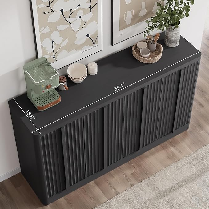 Fluted Buffet Cabinet with Storage, 60" Sideboard Buffet Storage Cabinet with 4 Doors & Adjustable Shelves, Wood Coffee Bar Credenza Accent Cabinet for Kitchen, Dining Room, Living Room, Black(1PCS)-Ruum Studio Home