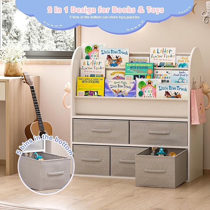 NACHES Kids Bookshelf and Toy Storage Bins, Children Bookcase Toddler Book Display Cabinet with 5 Toy Organizer Boxes for Playroom,Reading Room,Toddler Room,Nursery,Classroom-Ruum Studio Home