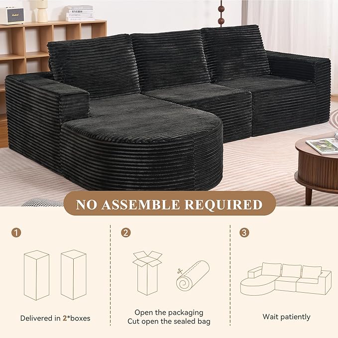 Modular Sectional Sofa with L-Shape Chaise,Cloud Sectional Modern Sleeper Couch with Deep Seat,Sponge Compression Sofas No Assembly Required(Plush Corduroy Fabric) 1PCS-Ruum Studio Home