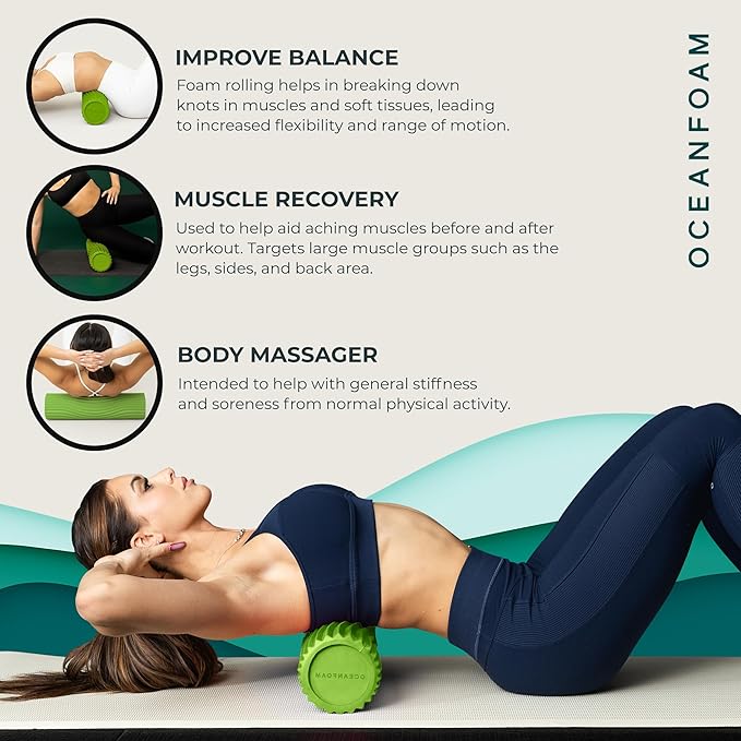 Oceanfoam Tidal Roller - Algae Green - Muscle Massage Foam Roller for Back Pain & Stretching - Firm and Ergonomic Wide Wave Textured - Yoga, Athletics, & Wellness - Full Size, 20" x 5"-Ruum Studio Home