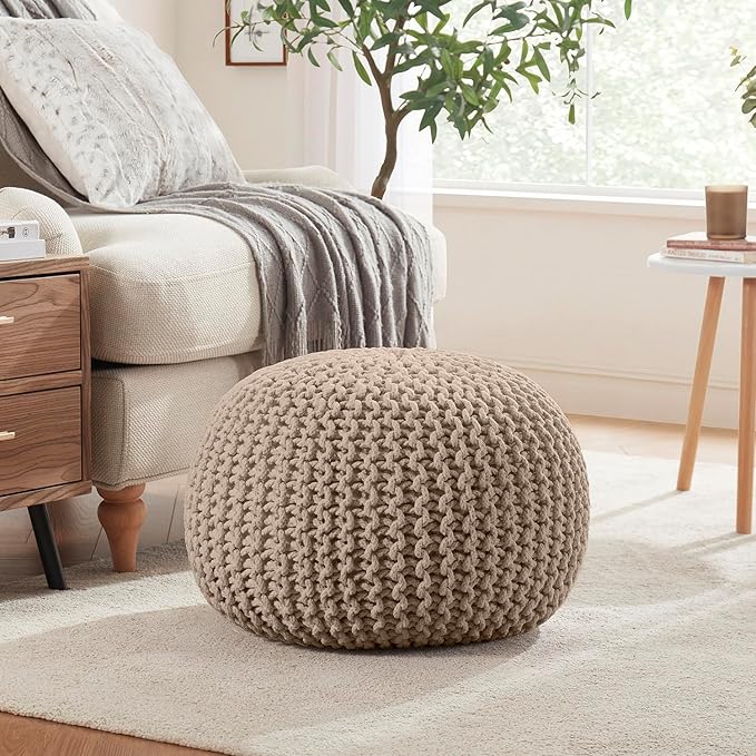 Ornavo Home Pouf Ottoman Foot Rest - 100% Cotton Pouffe - Hand Knitted Cable Braid Cord - Boho Round Stuffed Ottoman for Living Room, Bedroom - Beige-Ruum Studio Home