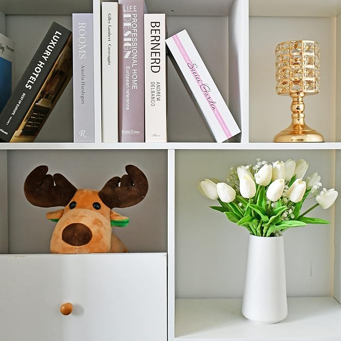 Mandy's Artificial Tulips 20 Stems White with 3pcs White Baby's Breath PU Faux Flowers for Wedding Home Decor 13.5 Inch-Ruum Studio Home