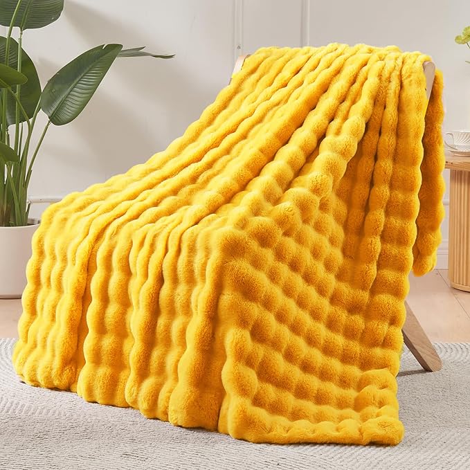 NEWCOSPLAY Faux Fur Twin Blanket Mustard Yellow Bubble Blanket Thick Warm Soft for Couch Sofa Bed 550GSM (Mustard Yellow, Twin(60"x80"))-Ruum Studio Home