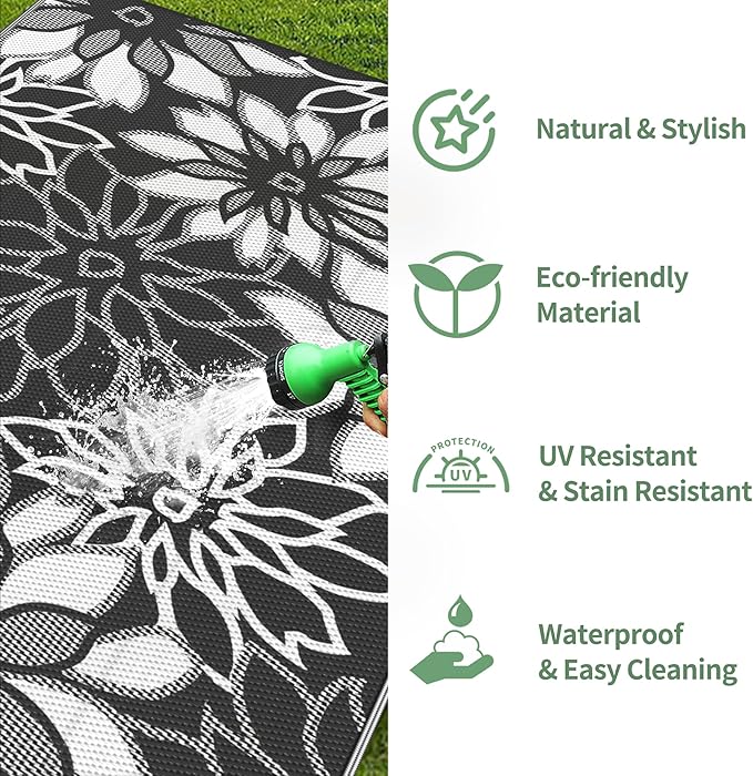 GENIMO Outdoor Rug Waterproof for Patio Decor, 8' x 10' Reversible Plastic Straw Floral Camping Carpet, Large Area Rugs Mats for RV, Camper, Deck, Balcony, Porch, Beach, Picnic, Black & White-Ruum Studio Home