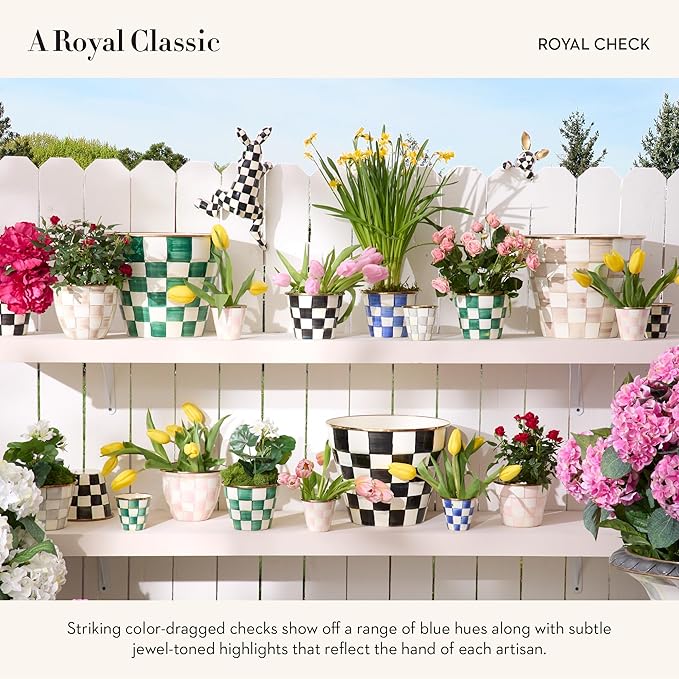 MACKENZIE-CHILDS Enamel Herb Pots, Small Plant Pots for Herbs or Flowers, Set of 3, Blue-and-White Royal Check-Ruum Studio Home